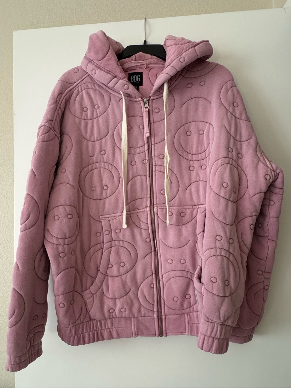 BDG Pink Quilted Hoodie Jacket with Smiley Pattern